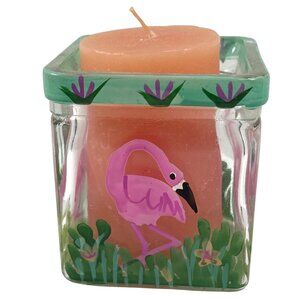 Pink Flamingo Tropical Votive Tea Candle Holder Square Glass Heavy Hand Painted